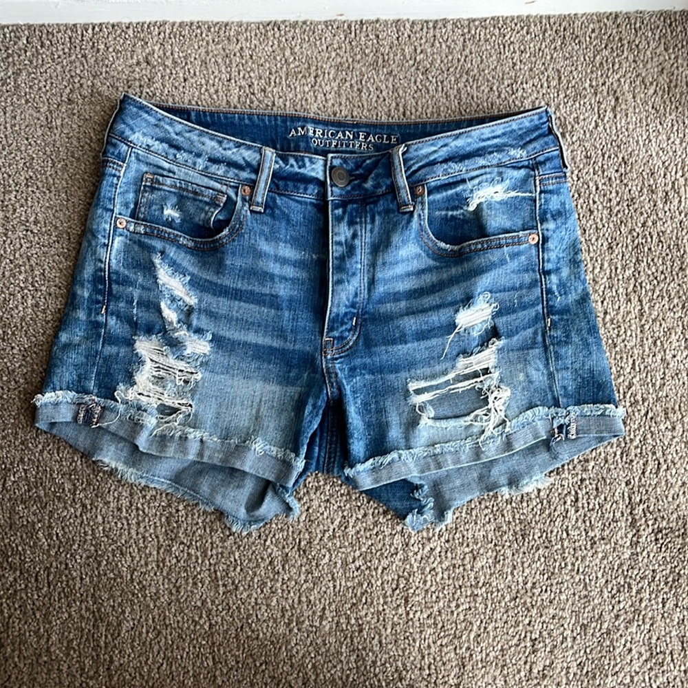American Eagle Outfitters Blue Jean Shorts with Distressed Details